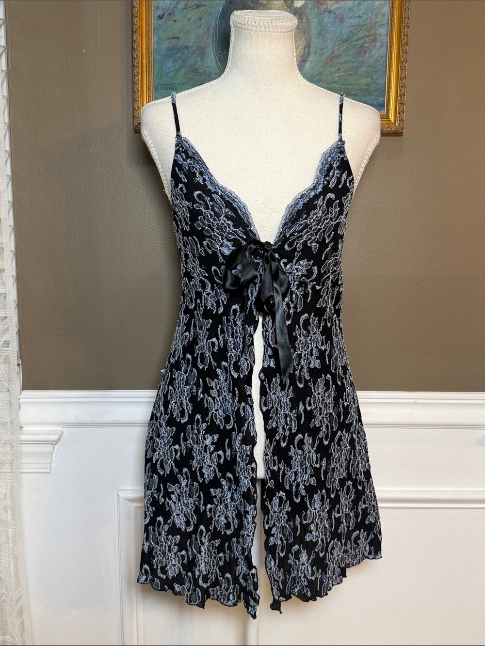 Vintage 1998 Victoria’s Secret Black Blue Metallic Lace Chemise L